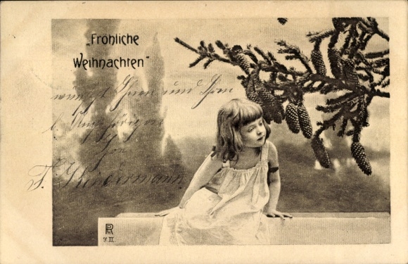 PC Merry Christmas, girl, fir branch with cones