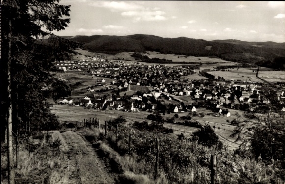 Postcard Wallau Biedenkopf on the Lahn, view of Wallau, many houses, landscape, trees, mountains