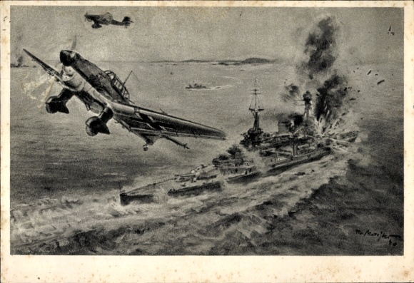 Künstler Ak Matejko, T., Stuka Junkers Ju 87 B hat ein englisches Schlachtschiff mit Bomben belegt