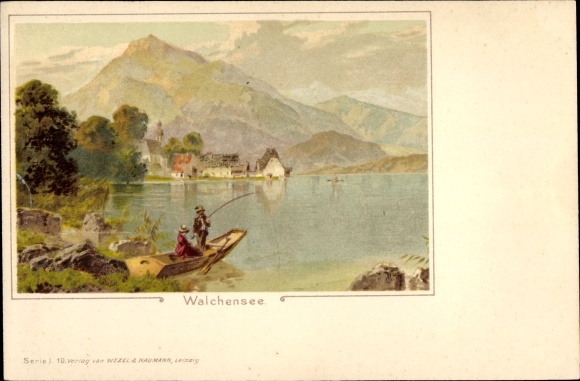 Chromo-Litho Walchensee Kochel am See, panorama, rowing boat, anglers
