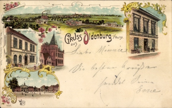 Chromo-Litho Oldenburg in Holstein, Panorama, Market Square, Post Office, Hotel Stadt Hamburg