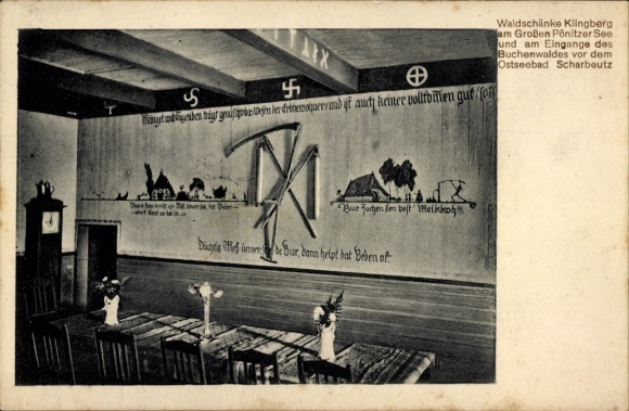Postcard Klingberg Scharbeutz Ostholstein, Alcohol-free Waldschänke Klingberg, interior view, scythe, clock