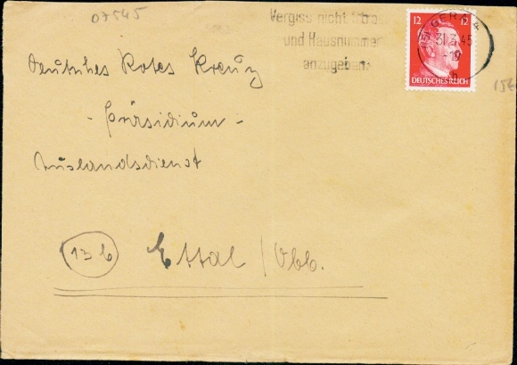 (15) Gera 4 / h / 31.03.1945 Brief mit 12 Pf Hitler