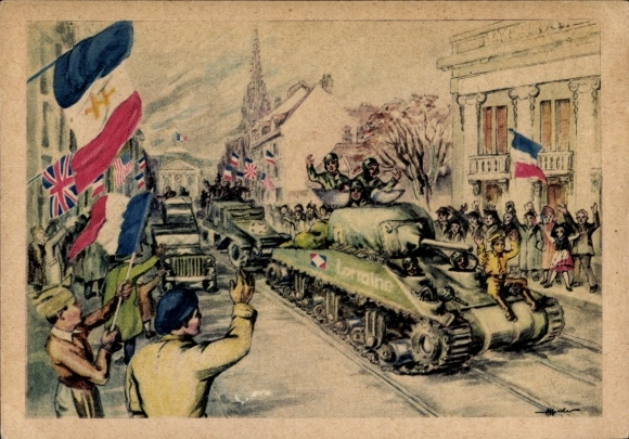 Artist Postcard Mulhouse Mulhouse Alsace Haut Rhin, Entry of the Liberators, Liberation, Tanks