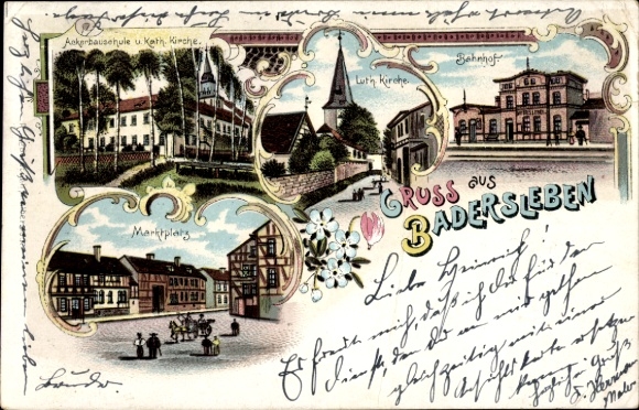 Chromo-Litho Badersleben Huy in the Harz district, agricultural school, churches, train station, market square