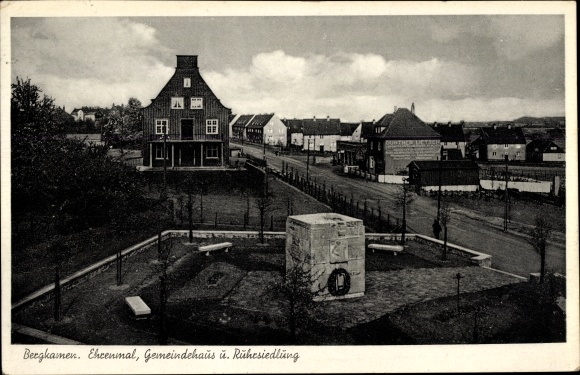 Postcard Bergkamen in Westphalia, memorial, community hall, Ruhrsiedlung