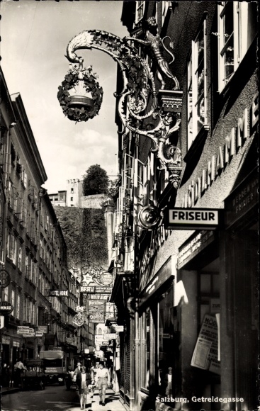 PC Salzburg in Austria, Getreidegasse, shops, hairdresser