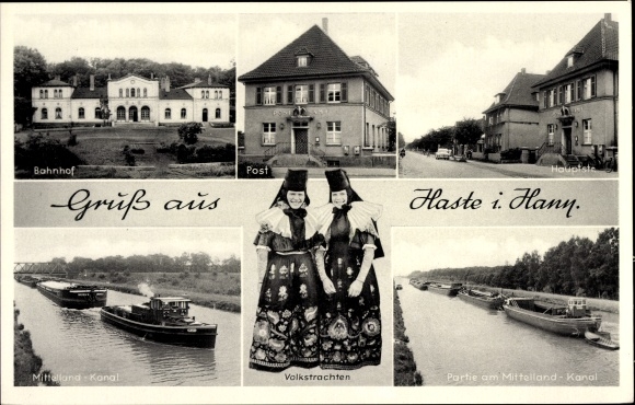 Postcard Haste in Schaumburg, folk costumes, post office, train station, Mittelland Canal, main street