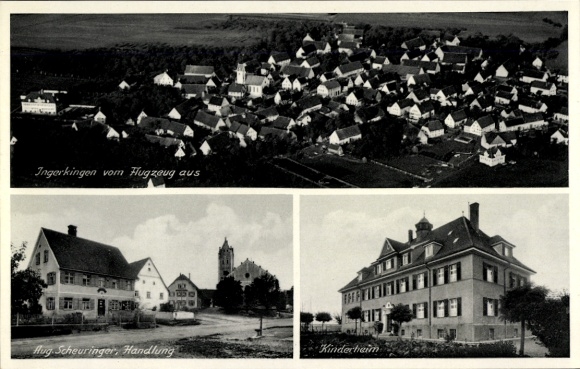 Postcard Ingerkingen Schemmerhofen in Württemberg, aerial photograph, children's home, Scheuringer business