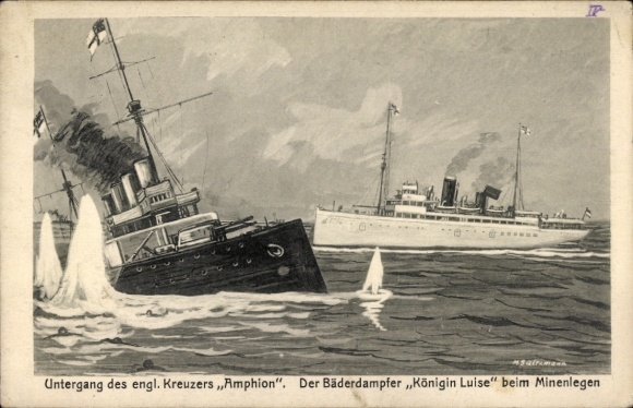 Artist's picture of the sinking of the English cruiser Amphion, the bathing steamer queen Luise laying mines