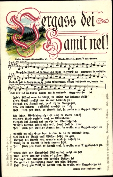 Song Postcard Günther, Anton, Forget dei Hamit net, Erzgebirge dialect No. 47