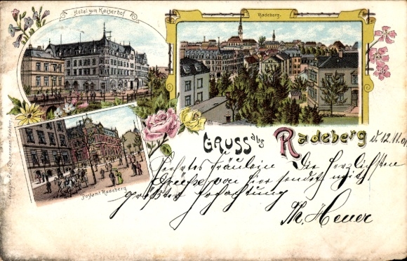 Chromo-Litho Radeberg in Saxony, Panorama, Hotel zum Kaiserhof, Post Office