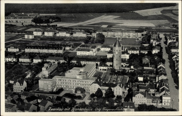 PC Zwenkau in Saxony, aerial photo, view of the city and hospital, water tower