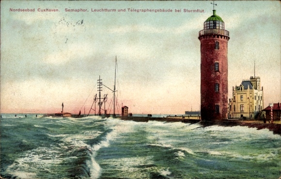 Postcard North Sea resort Cuxhaven, North Sea resort lighthouse, semaphore, telegraph building, storm surge