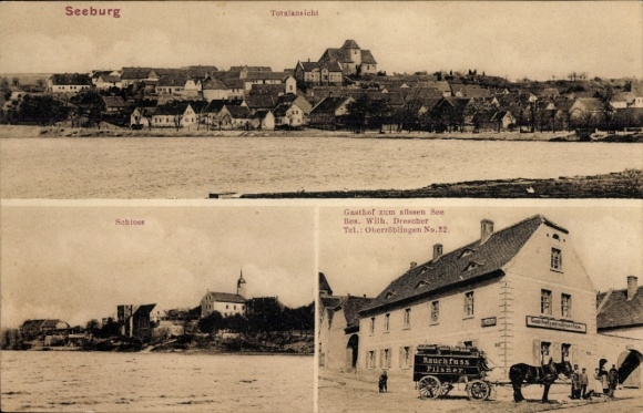 Ak Seeburg am süßen See Mansfelder Land, Panoramablick, Schloss, Gasthof zum süssen See, Werbung 