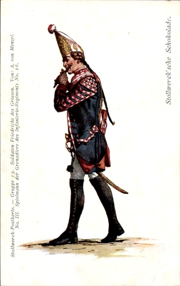 Artist Postcard Stollwerck PC Group 13 No. 3, Soldiers of Frederick the Great, Minstrel, Grenadier