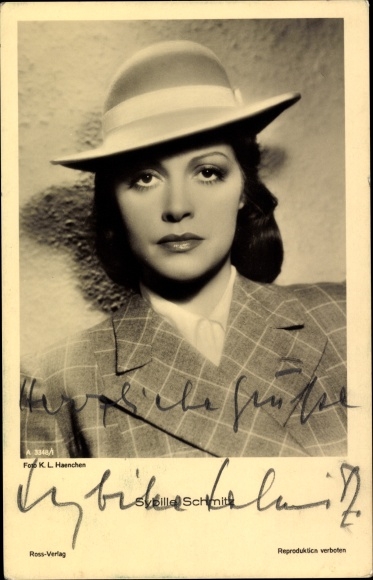 Postcard actress Sybille Schmitz, portrait, hat, autograph