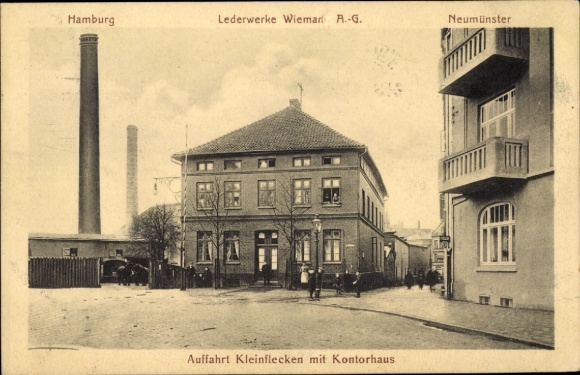 Postcard Neumünster in Holstein, Kleinflecken driveway, Kontorhaus, Lederwerke Wieman AG Hamburg