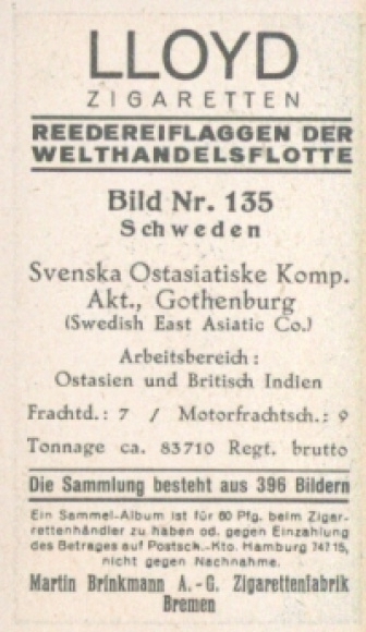 Verzamelfoto rederijvlaggen van de wereldkoopvaardijvloot nr. 135, Svenska Ostasiatiske Komp., Göteborg