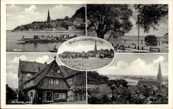Postcard Lauenburg on the Elbe, general view, view from the castle garden, oldest house, ferry