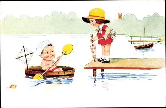 Artist PC Wills, John, washtub as a boat, boy, girl on jetty