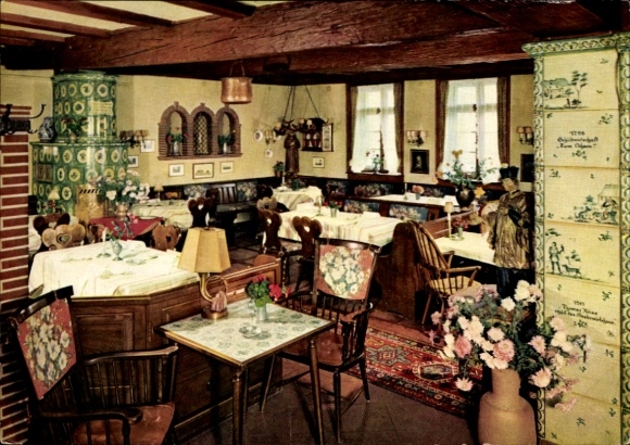 Postcard Bad Herrenalb in the Black Forest, cozy restaurant, tables with white tablecloths, rustic