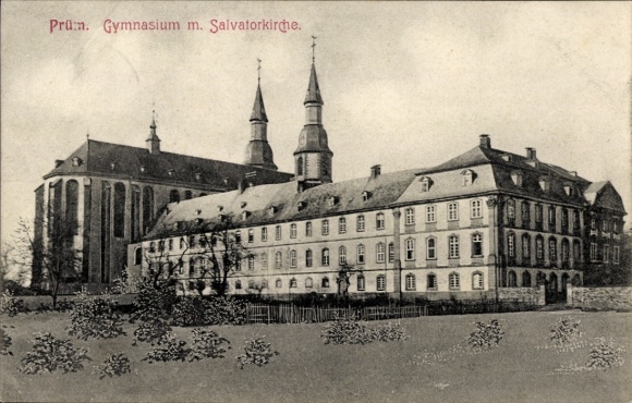 Postcard Prüm in the Eifel, high school, Salvatorkirche