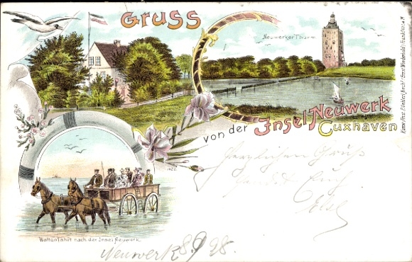 Chromo-Litho island of Neuwerk, mudflats, Neuwerk tower, seagull