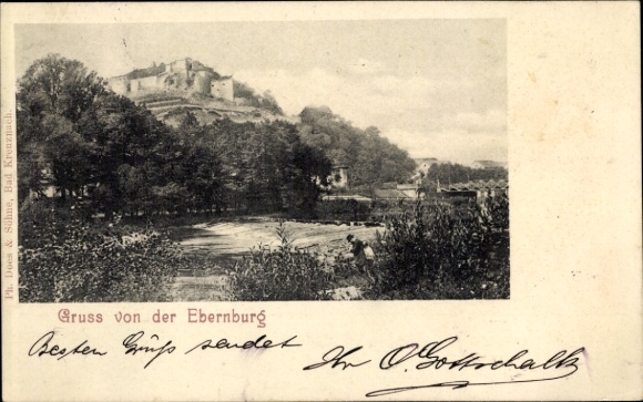 Ak Bad Münster am Stein Ebernburg, kasteelrivier, bomen, uitzicht,