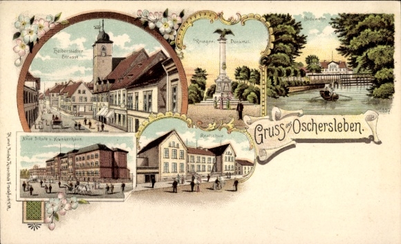 Litho Oschersleben an der Bode, Halberstädter Straße, Kriegerdenkmal, Neue Schule, Realschule
