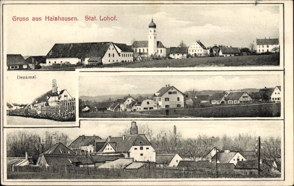 Ak Haimhausen im oberbayerischen Landkreis Dachau, Denkmal, Blick auf Stadt und Kirche