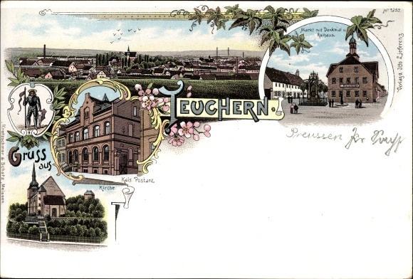 Litho Teuchern im Burgenlandkreis, Postamt, Kirche, Markt, Rathaus, Blick zum Ort