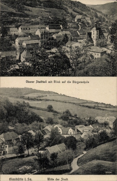 Postcard Kernstadt Glashütte in the Osterzgebirge, upper part of the city, view of the Bürgerschule, town view...