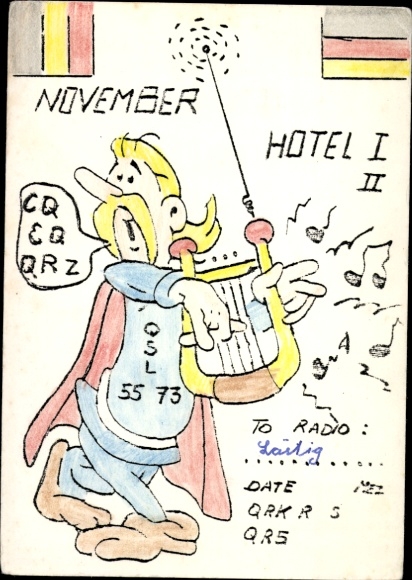 Postcard QSL radio operator card CQ EQ QRZ, QSL 55 73, November Hotel I II, Troubadix