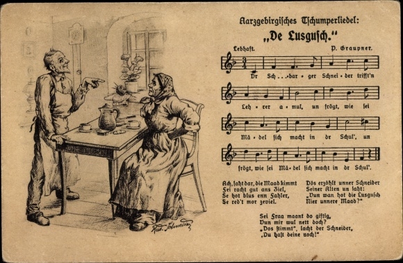 Song artists Postcard Schneider, Rud., Aarzgebirge Tschumperliedel, De Lusgusch, P. Graupner
