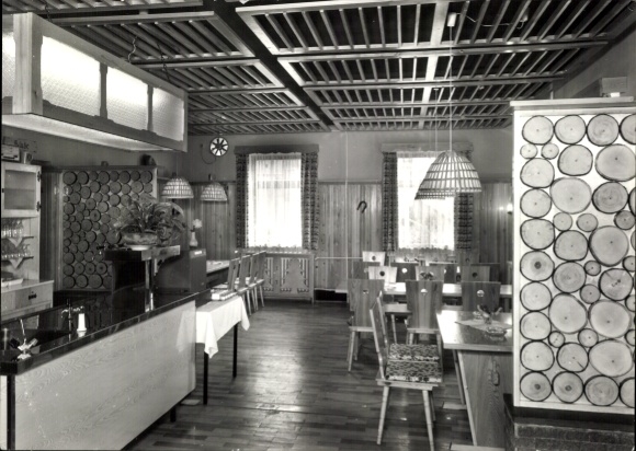 Postcard Erlbach in the Vogtland region, cozy restaurant interior, wood paneling, window curtains, ti...