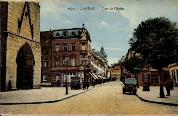 Postcard Landau in der Pfalz, front view of church square, historic buildings, street view