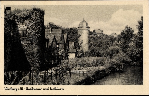 Postcard Warburg in Westphalia, city wall, sack tower
