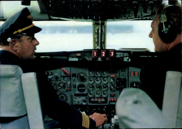 Postcard pilot and copilot in the cockpit, Lufthansa, Europa Jet, passenger aircraft