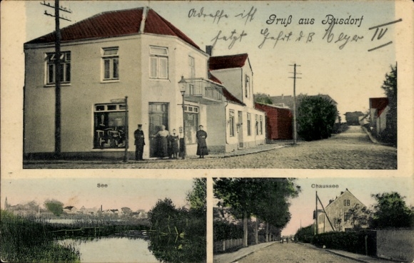 Ak Busdorf in Schleswig Holstein, See, Chaussee, Straßenpartie
