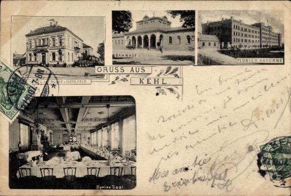 Postcard Kehl am Rhein, train station, pioneer barracks, hotel, dining room