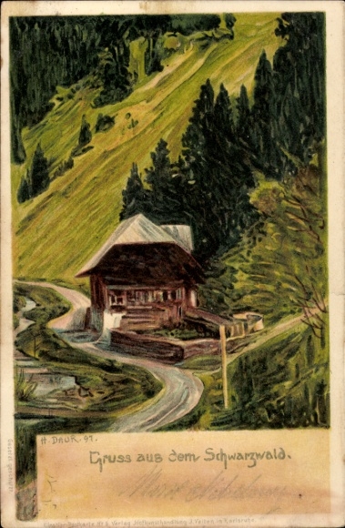 Artist Chromo-Litho Daur, H., Black Forest, Greetings from the Black Forest, farmer with cow