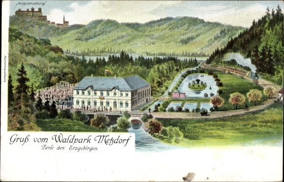 Künstler Ak Metzdorf Leubsdorf in Sachsen, Waldpark, Perle des Erzgebirges, Augustusburg