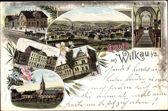 Chromo-Litho Wilkau Haßlau in Saxony, view of the town, church, inn, train station