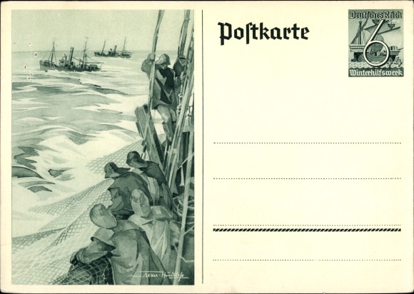 Postwaardestuk ansichtkaart Axster Heudtlass, vissers op volle zee, vissersboten