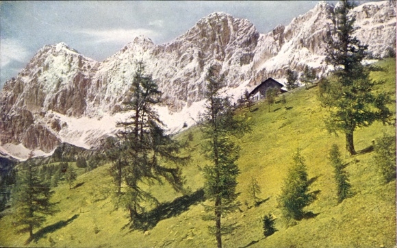 Postcard Ramsau am Dachstein Styria, Dachstein south faces, Austriahütte, mountains, trees