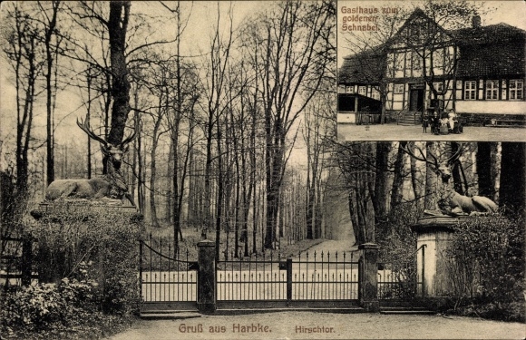 Postcard Harbke in Saxony Anhalt, Hirschtor, Inn zum goldenen Schnabel