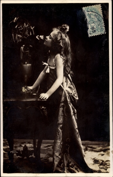 Postcard Girl in dress, portrait, smelling flower in vase