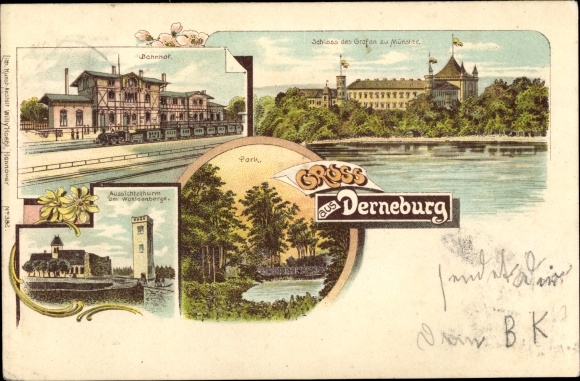Litho Derneburg Holle in Niedersachsen, Bahnhof, Aussichtsturm, Schloss des Grafen zu Münster, Park
