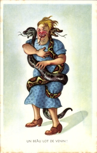Artist Postcard A nice load of poison, woman with snakes, humor